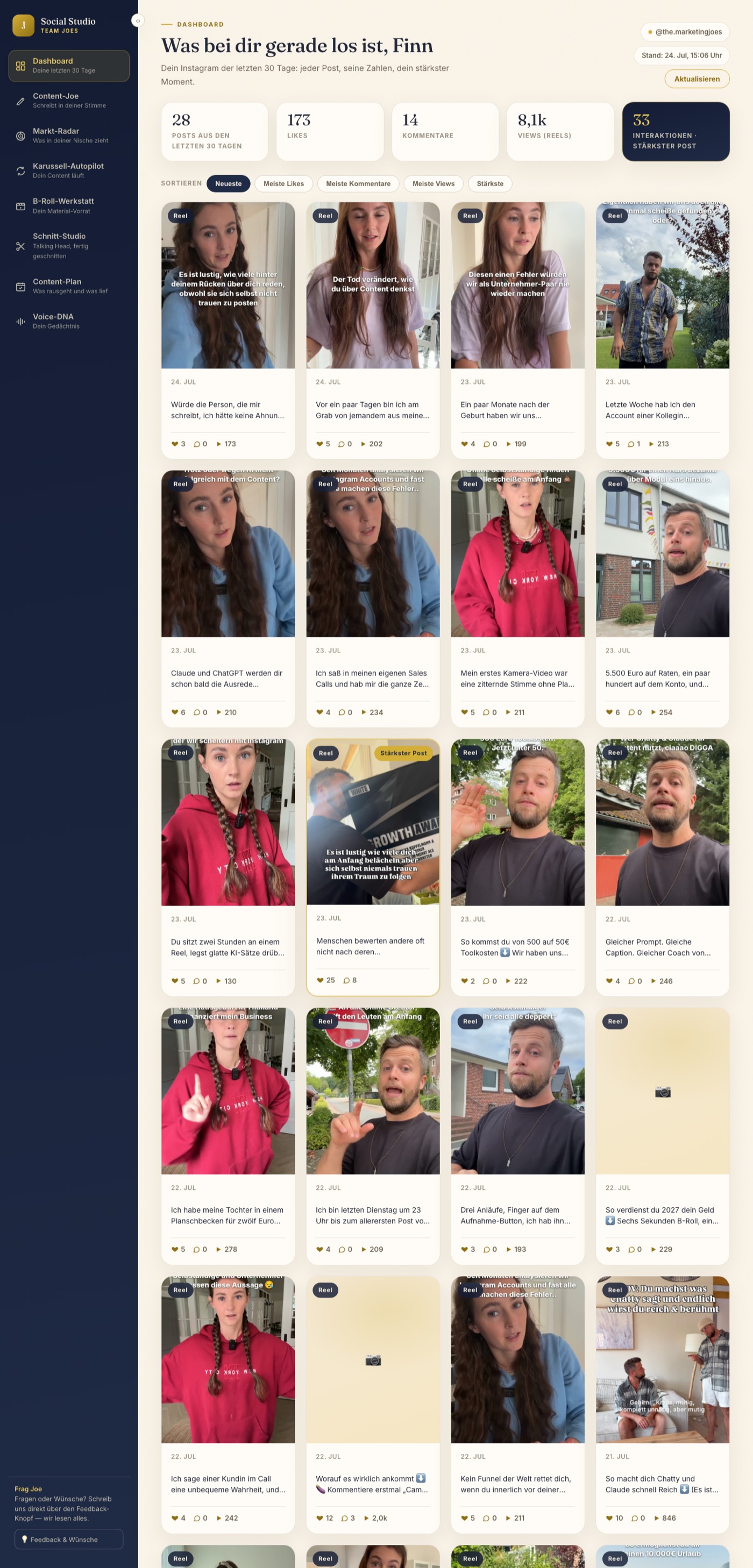 Social Studio Dashboard: dein Instagram der letzten 30 Tage, alle Posts mit Zahlen
