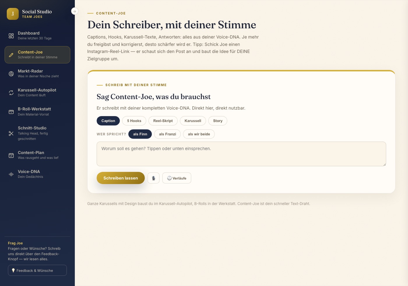 Content-Joe: Ideen, Captions, Hooks und Skripte auf Zuruf